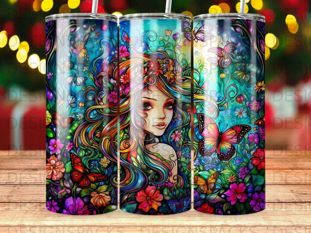 Fantasy woman with colorful hair surrounded by butterflies and flowers.