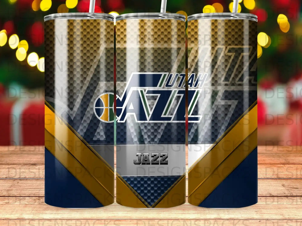 Utah Jazz tumbler with team logo and hexagonal pattern.