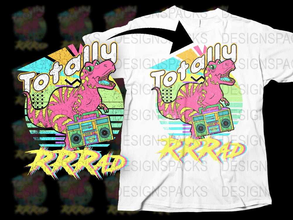Totally Rad Dinosaur T-Shirt, Retro 80s Style Tee, Colorful Graphic Dino with Boombox Design, Unisex Fashion