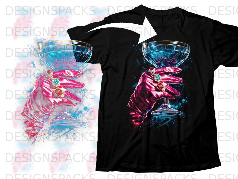 Black t-shirt with a pink gloved hand holding a jeweled cocktail glass.