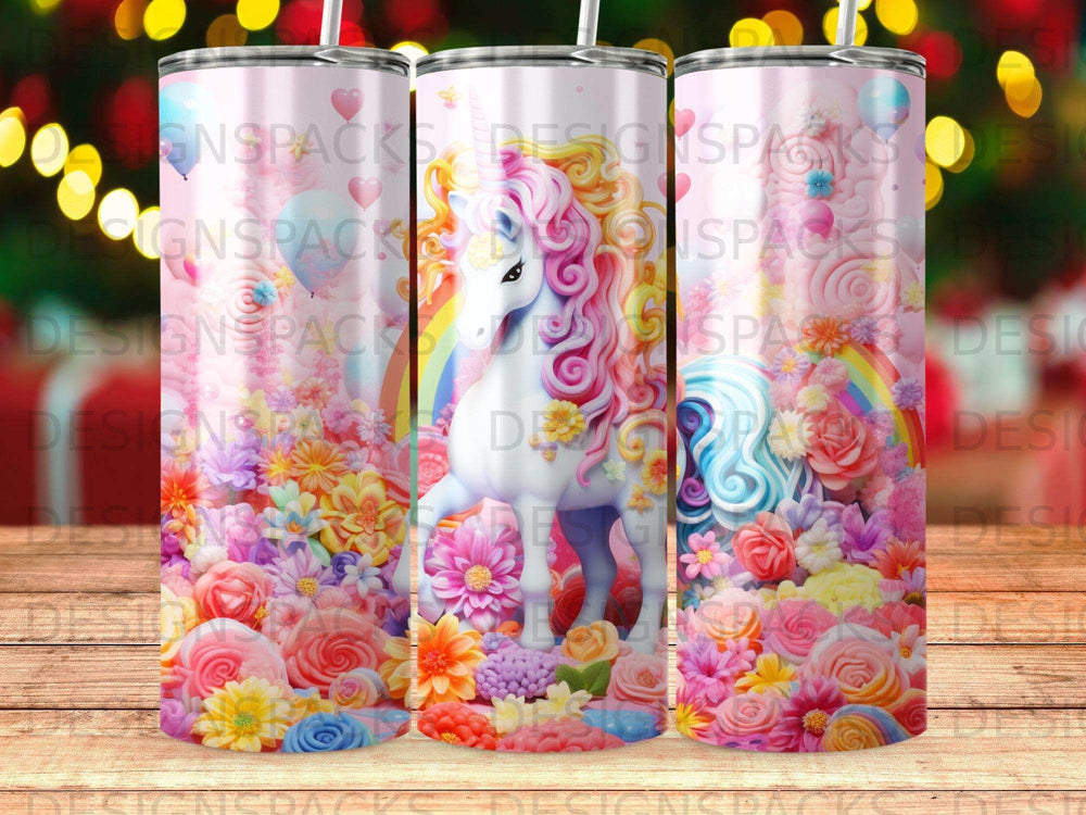 Unicorn with rainbow and flowers on a cylindrical tumbler.