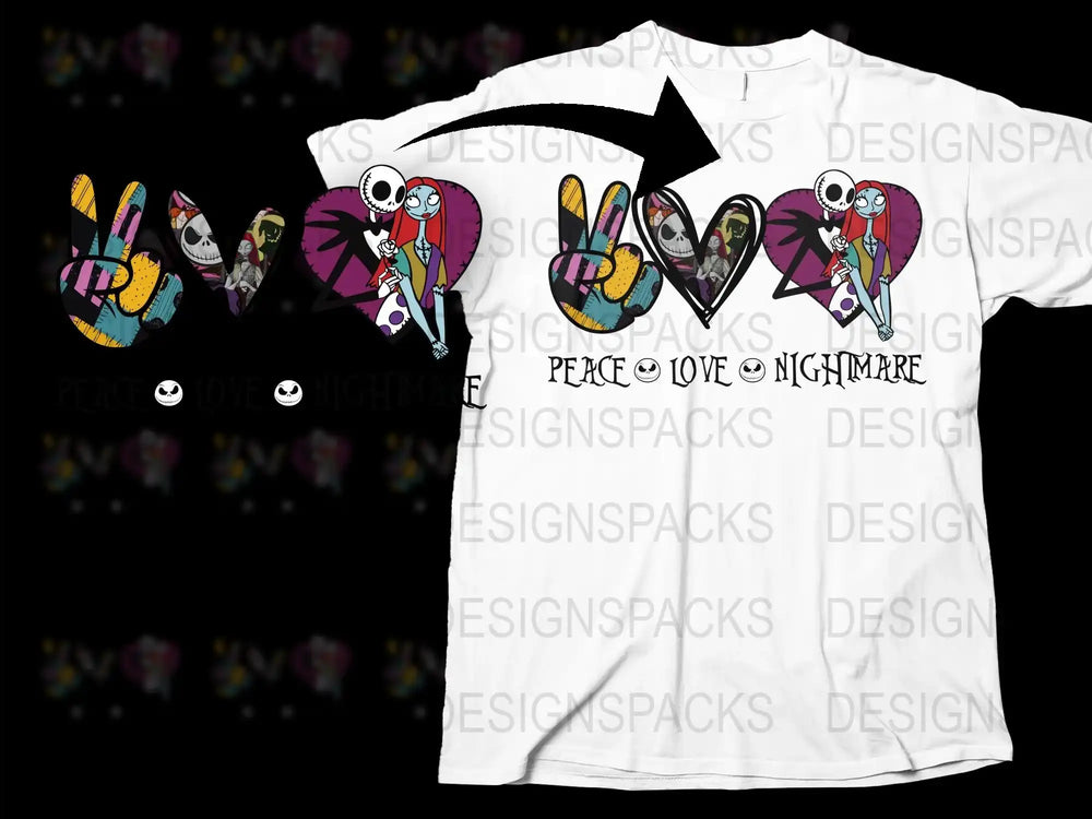 Nightmare Before Christmas Inspired T-Shirt, Jack Skellington Peace Love Design, Unisex Graphic Tee