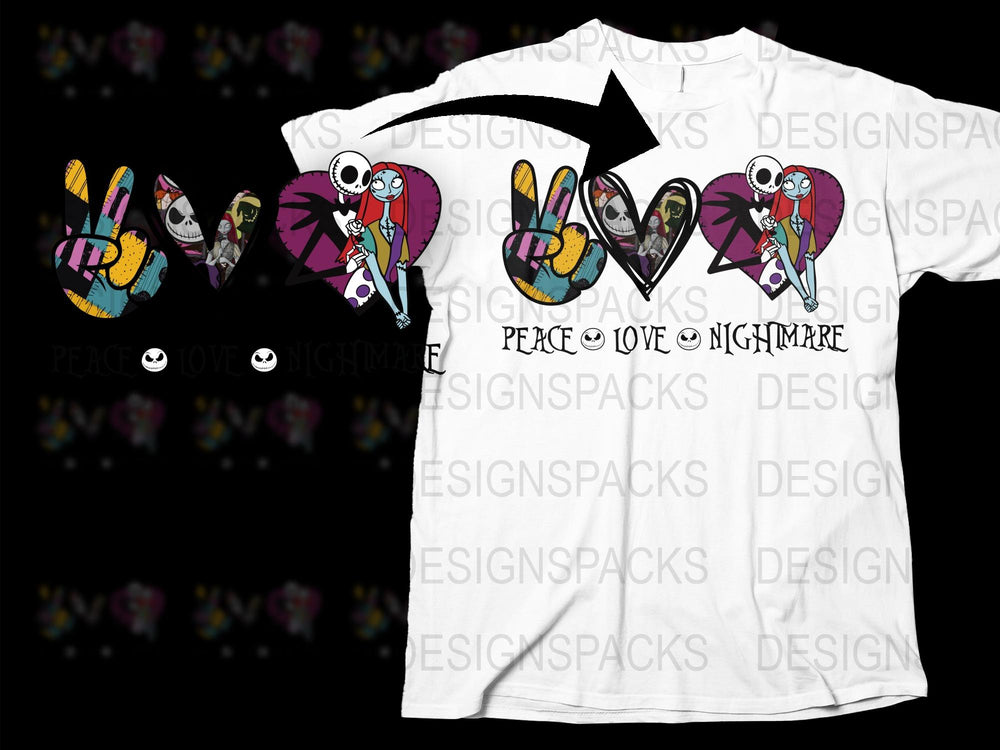 Nightmare Before Christmas Inspired T-Shirt, Jack Skellington Peace Love Design, Unisex Graphic Tee