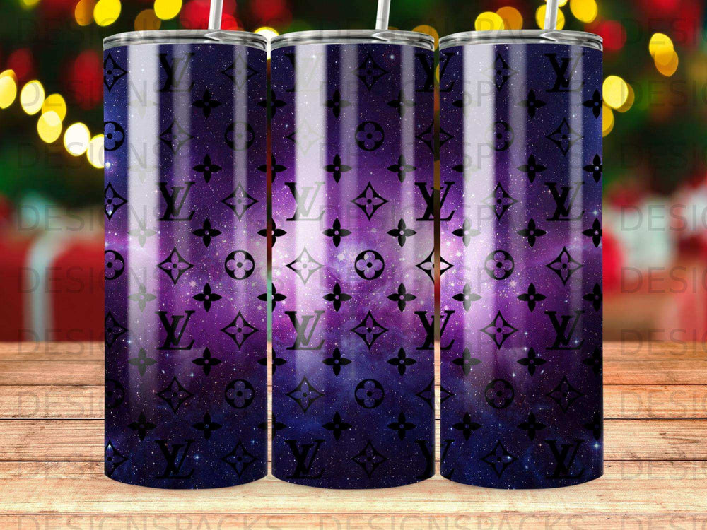 Tumbler with repeating LV pattern on starry, galaxy background.