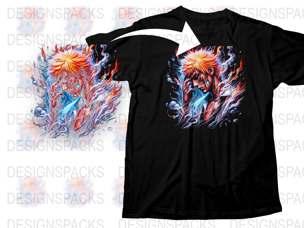 Anime Graphic T-Shirt, Colorful Fire Hair Character Design, Unisex Black Tee, Vibrant Comic Art Style Clothing