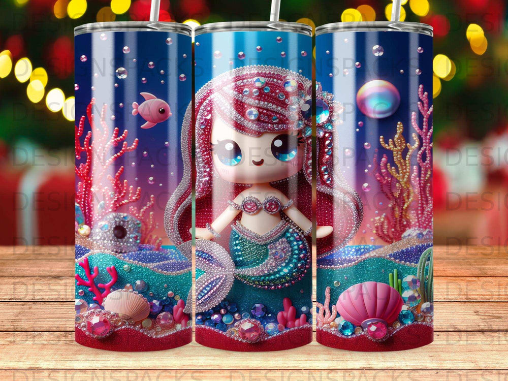 Mermaid with pink hair and tail surrounded by sea creatures and jewels.