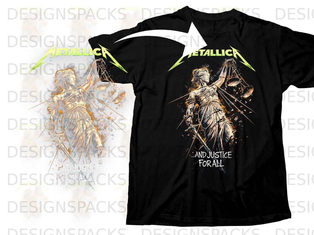 Black t-shirt with Metallica logo and the blindfolded Lady Justice holding scales.