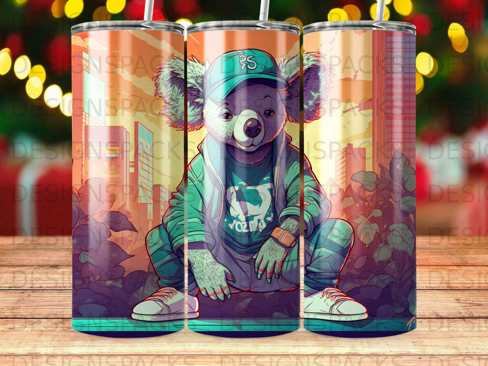 Koala character in a baseball cap and hoodie, crouching, with city buildings in background.