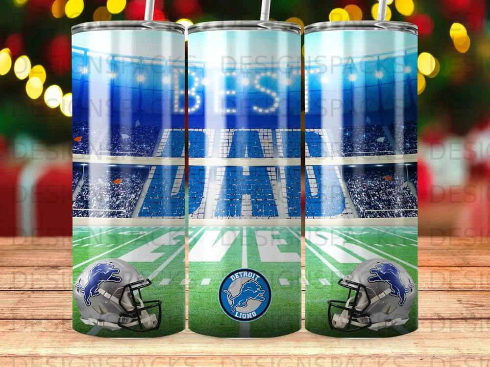 Detroit Lions football helmet and stadium background on tumbler.