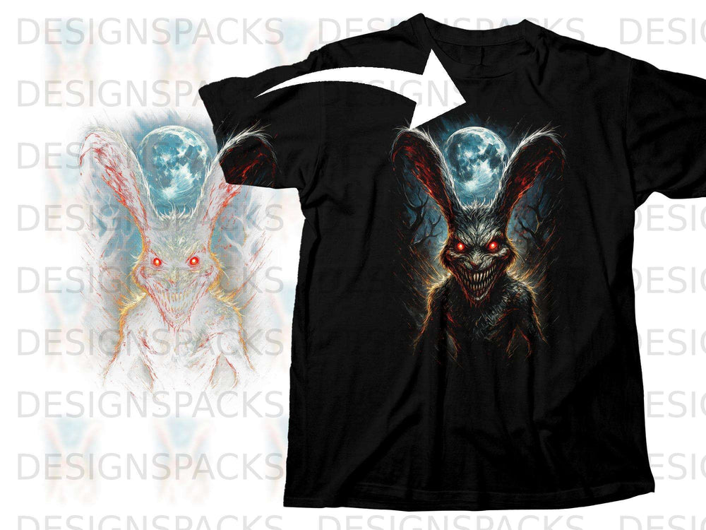 Black t-shirt with a graphic of a monstrous rabbit against a moonlit, spooky forest background.