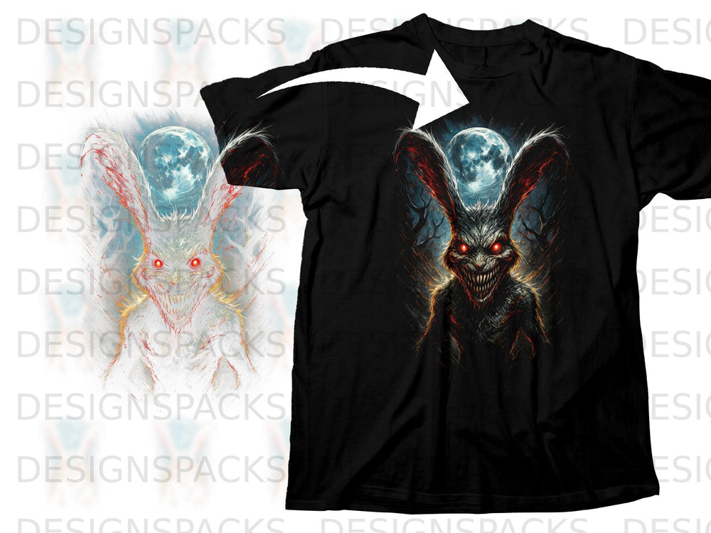 Black t-shirt with a graphic of a monstrous rabbit against a moonlit, spooky forest background.