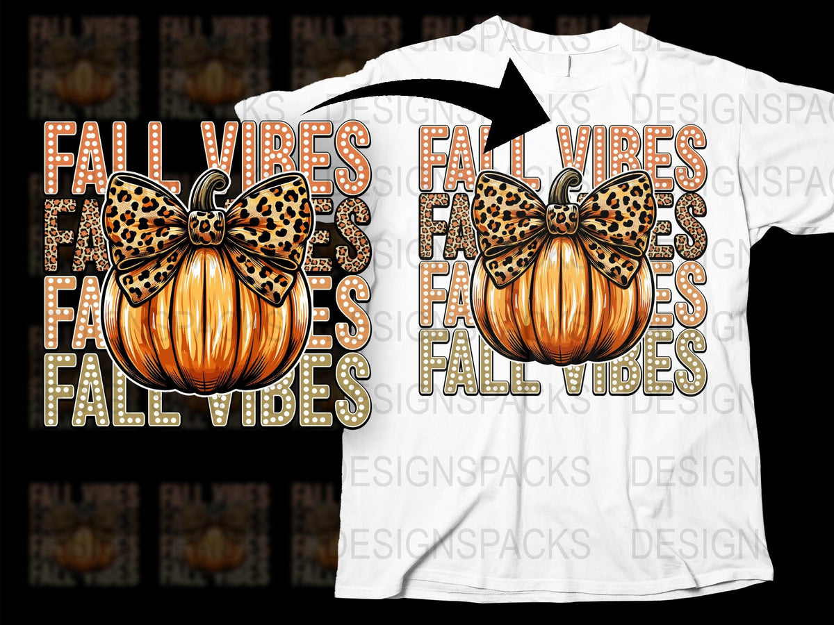 Fall Vibes Pumpkin T-Shirt with Leopard Bow, Autumn Graphic Tee, Thanksgiving Casual Wear, Festive Seasonal Shirt