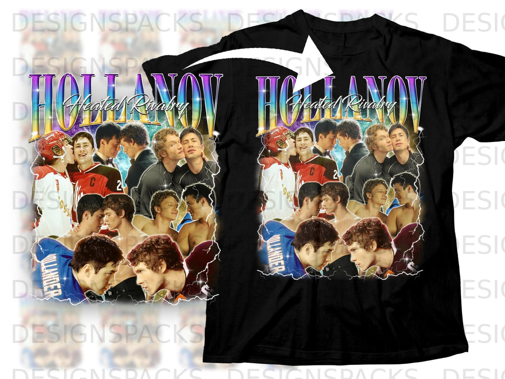 Black t-shirt graphic with "HOLLANOV Heated Rivalry" and group of young men.