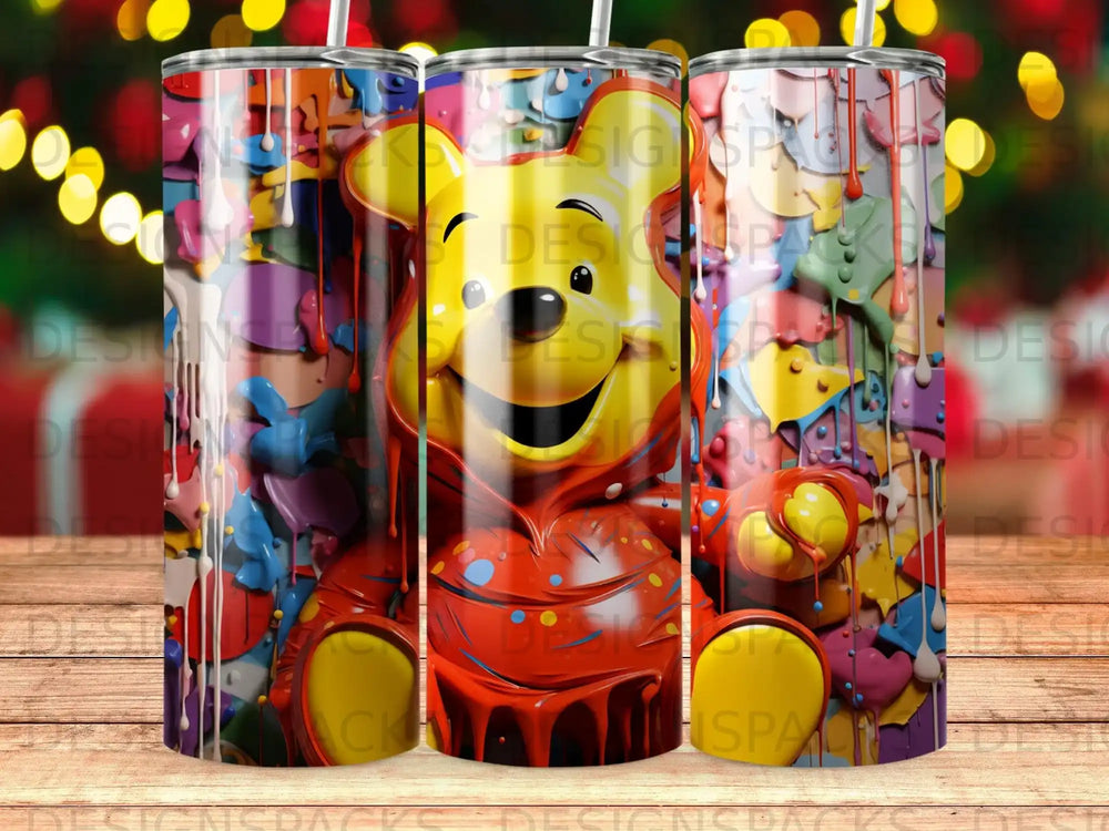 Tigger, Piglet, and Eeyore characters in a colorful, dripping paint design on a tumbler.