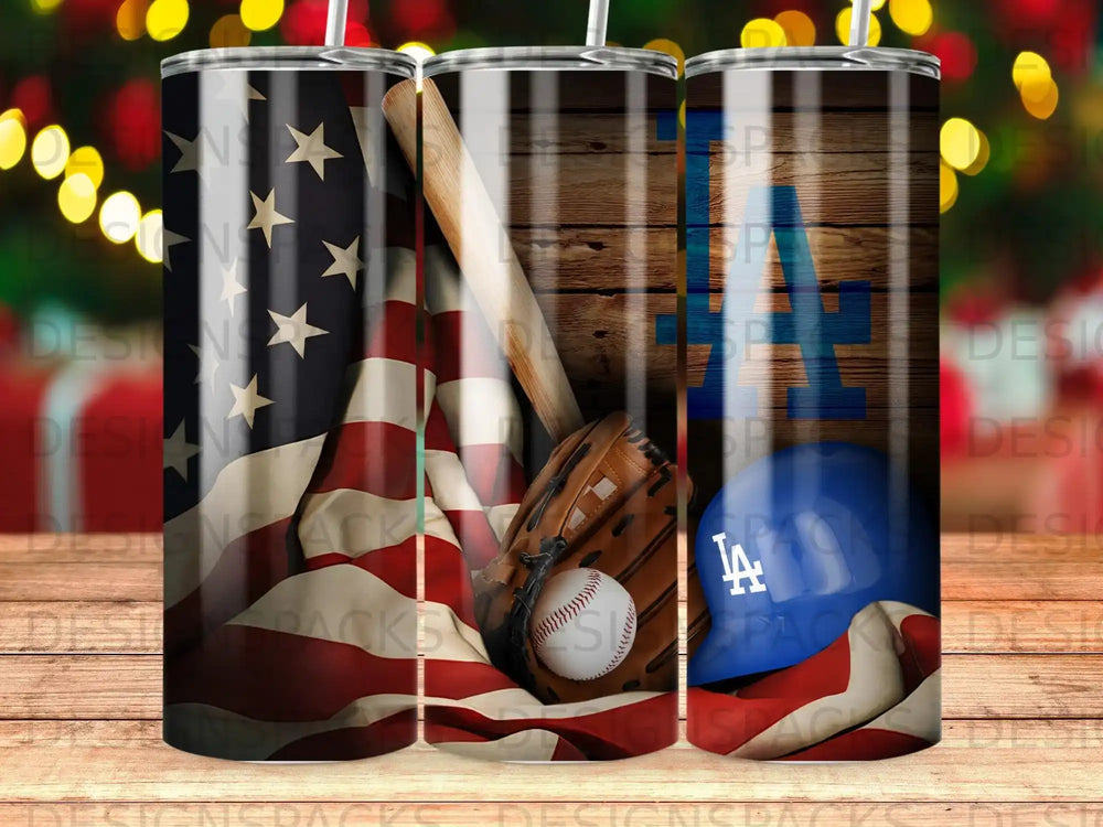 Los Angeles Dodgers baseball helmet and glove with American flag.