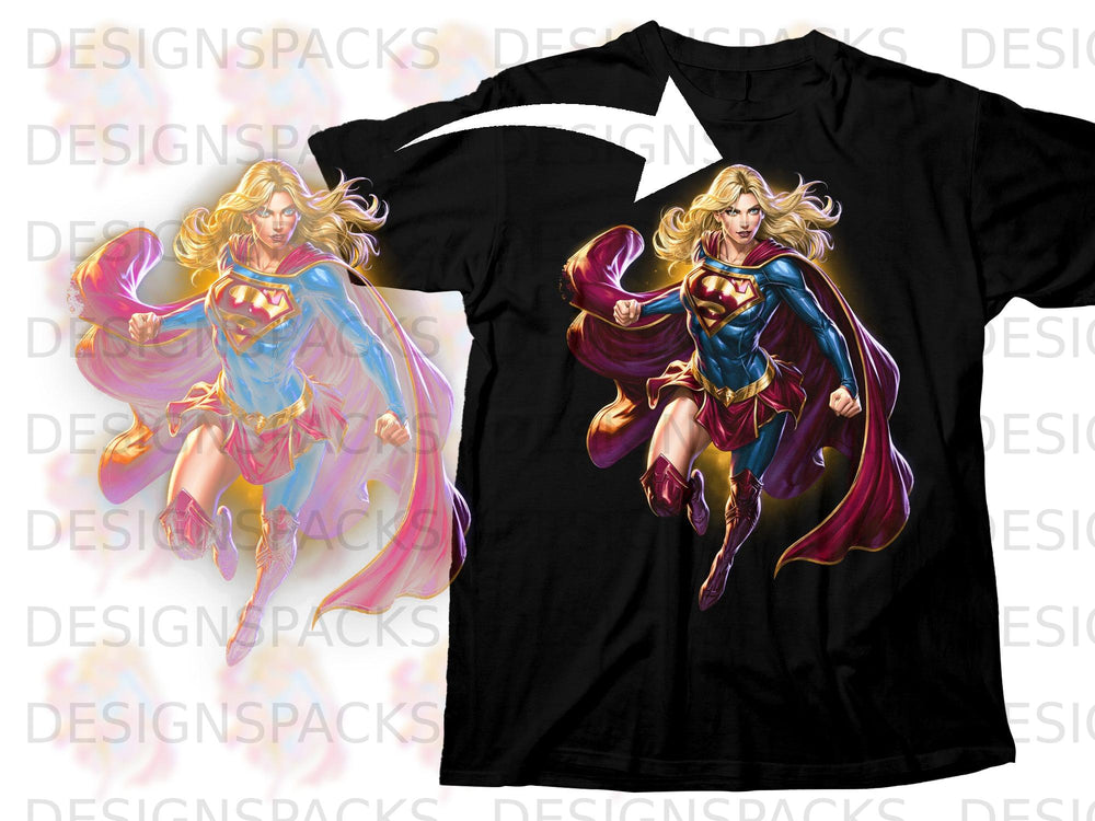 Black t-shirt with Supergirl graphic and overlaying design preview.