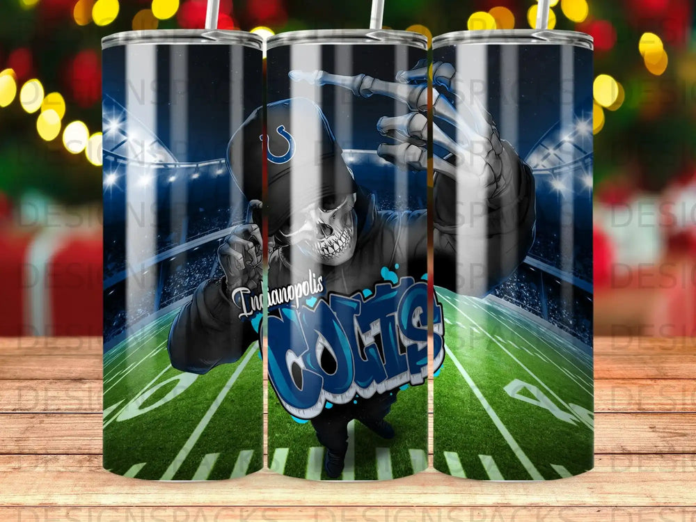 Indianapolis Colts skeleton with football field background.