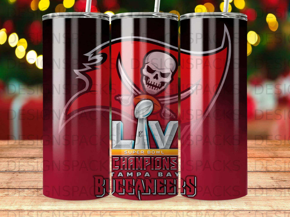 Tampa Bay Buccaneers Super Bowl LV Champions logo on a tumbler.