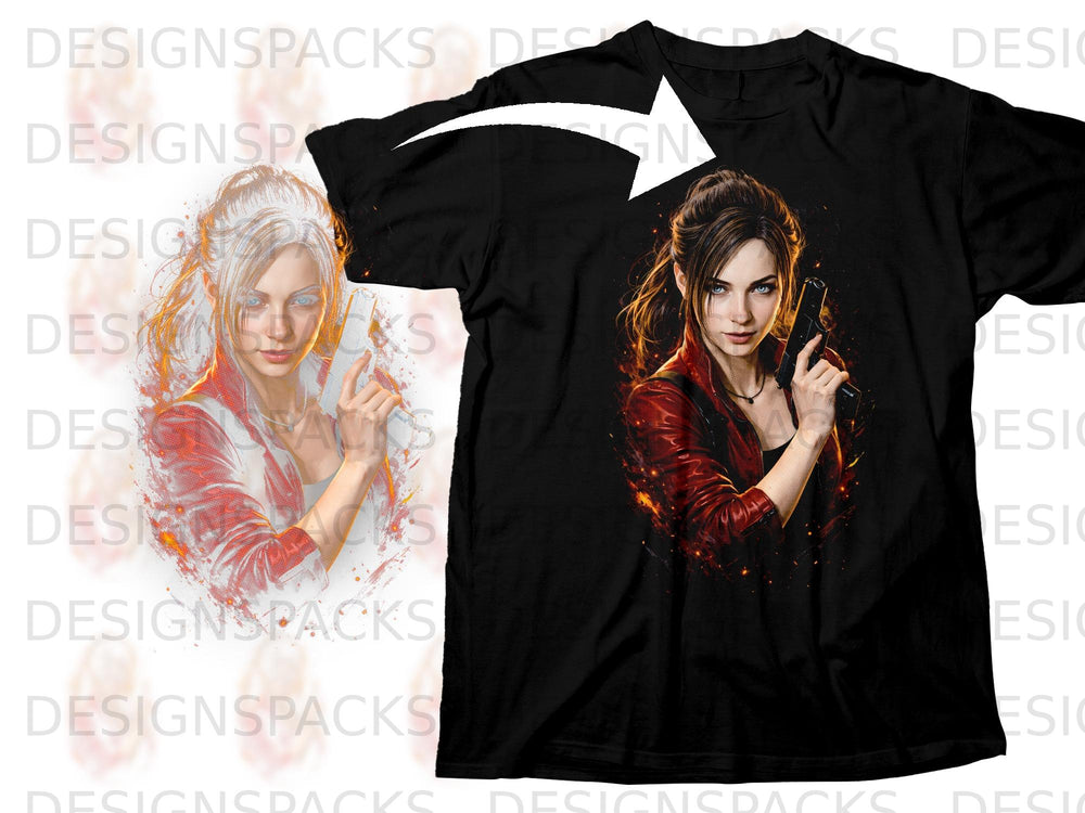 Black t-shirt with a woman holding a handgun, digitally illustrated.