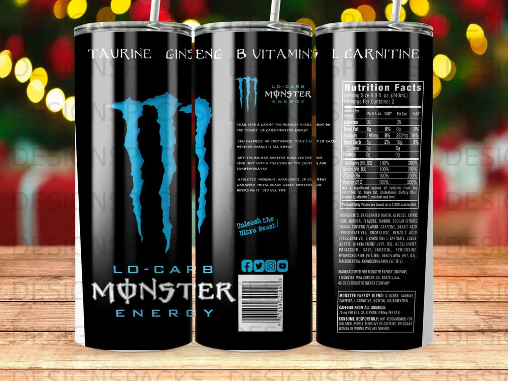 Monster Energy Lo-Carb can with nutrition facts and ingredients.