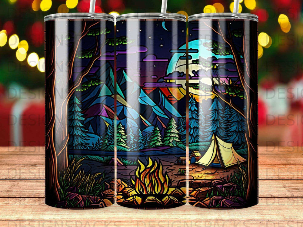 Glowing campfire and tent under colorful mountains and moonlit sky.