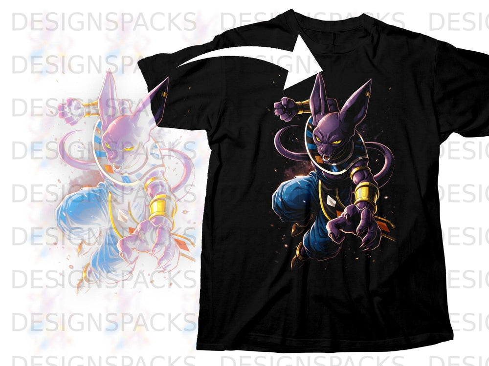 Black t-shirt with a purple anime character, Beerus, in action pose.
