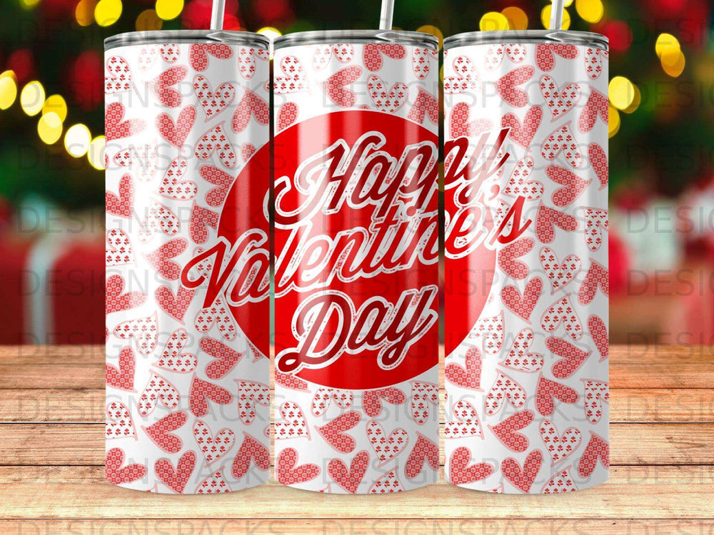 Red and white hearts pattern tumbler with "Happy Valentine's Day" text.