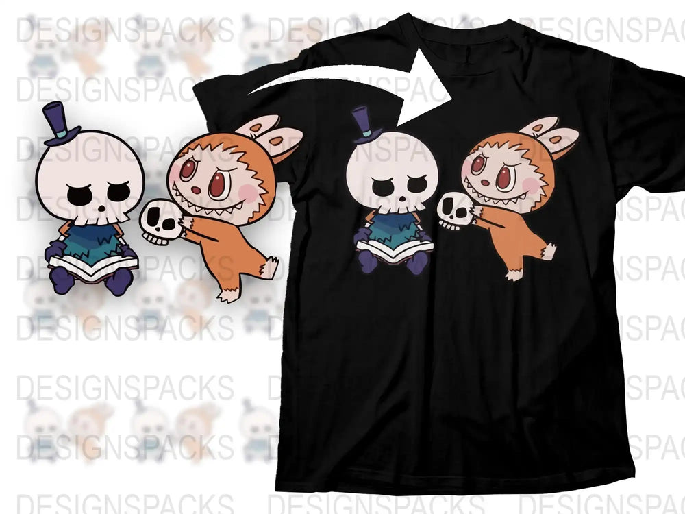 Cute Cartoon Skeleton and Monsters Black T-Shirt, Fun Halloween Graphic Tee, Unisex Adult and Kids Sizes Available