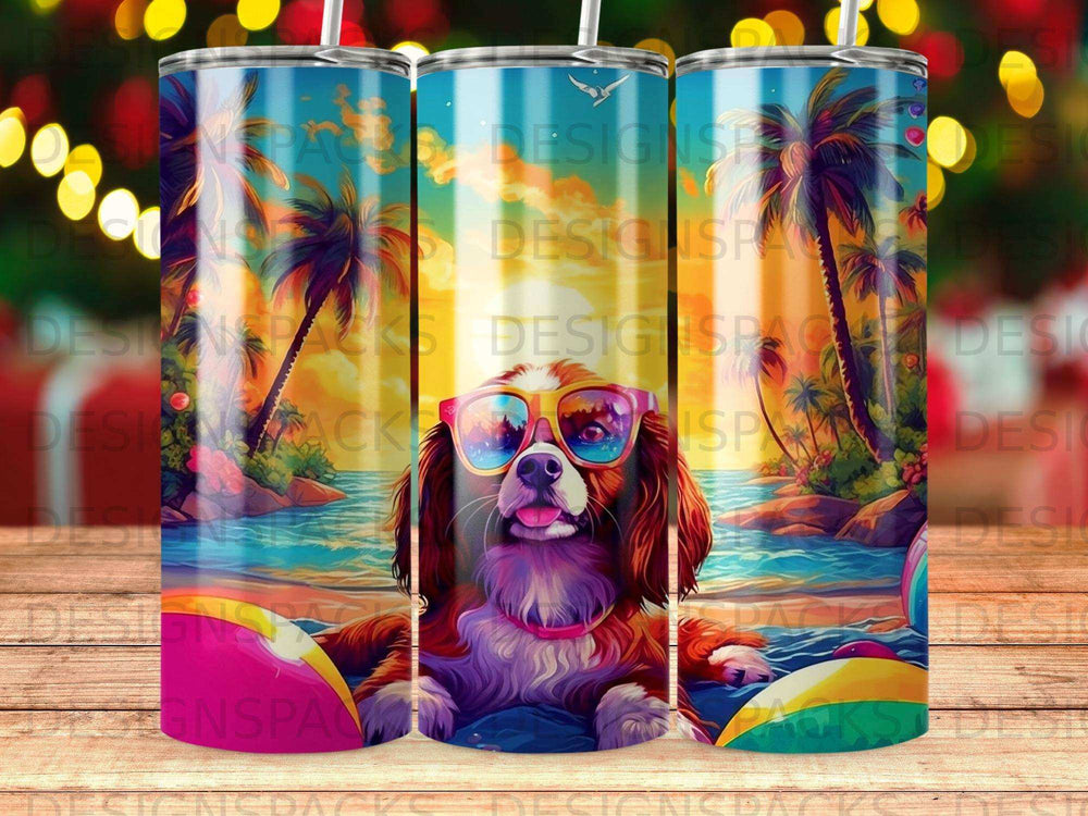 Dog wearing sunglasses in a pool with palm trees and a sunset background.