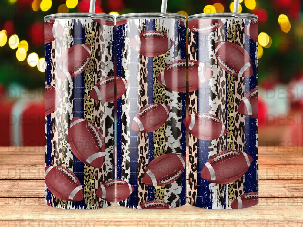 Tumbler with footballs, leopard print, and blue stripes.