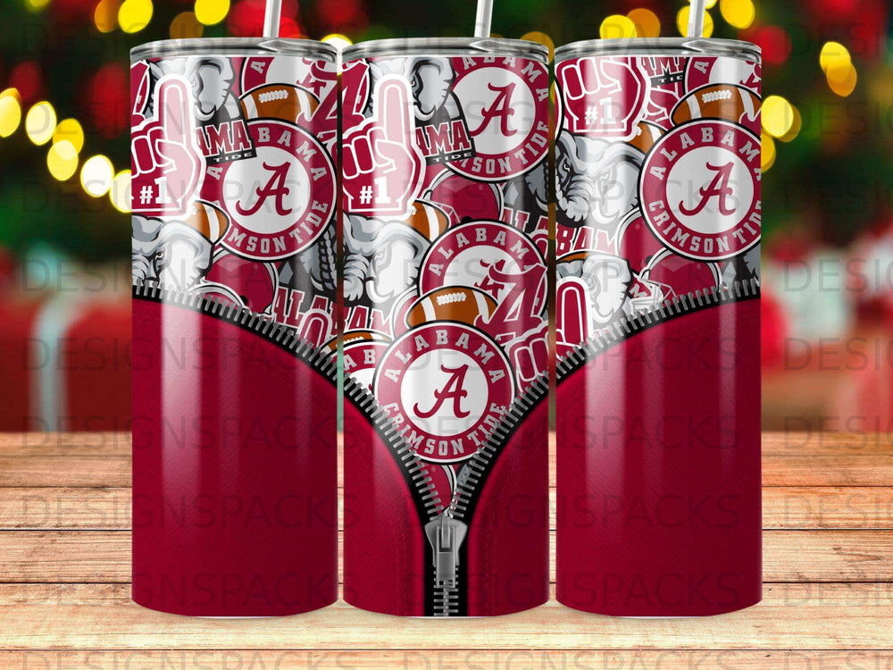 Tumbler with Alabama Crimson Tide logo and mascot pattern.