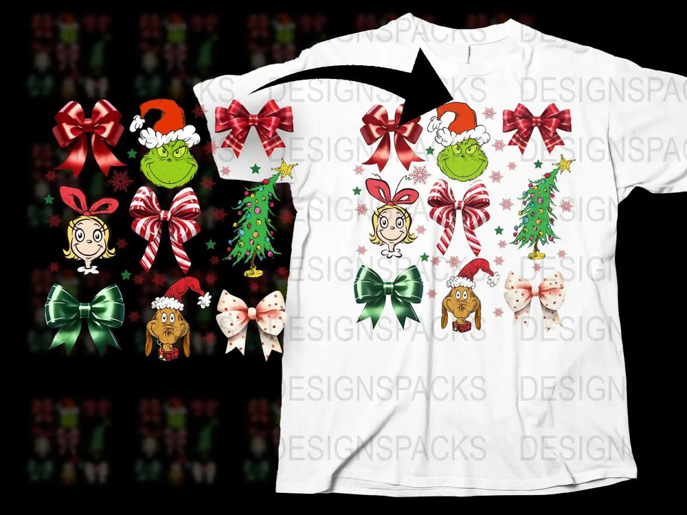 Festive Christmas T-Shirt with Cartoon Characters, Holiday Graphics, Santa, Green Bows, Kids and Adults Sizes Available