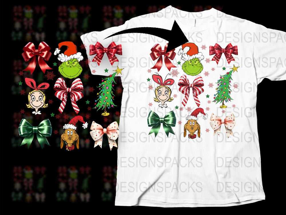 Festive Christmas T-Shirt with Cartoon Characters, Holiday Graphics, Santa, Green Bows, Kids and Adults Sizes Available