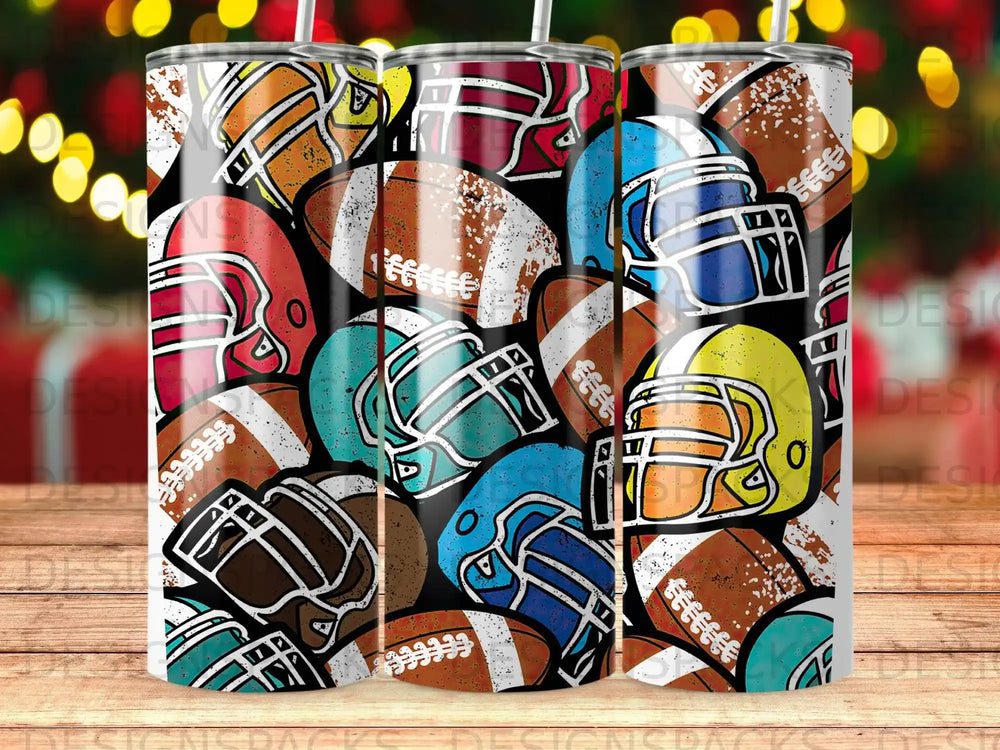 Football helmets and balls pattern on a tumbler.