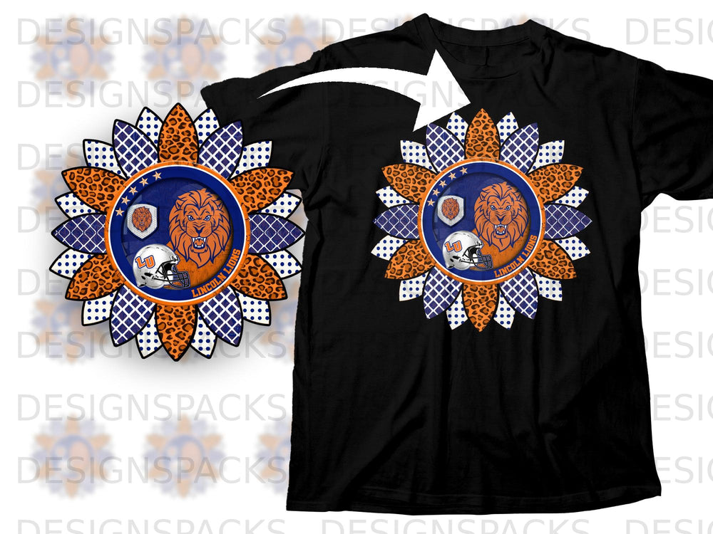 Sunflower design with lion logo and football helmet on black t-shirt.