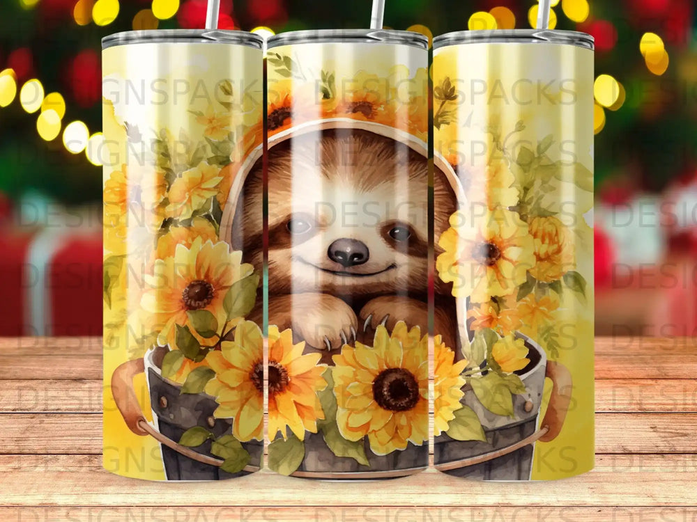 Sloth peeking from a bucket of sunflowers, sublimation design.