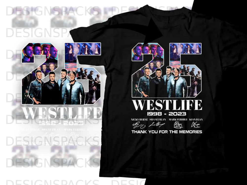 Westlife 1998-2023 t-shirt with band photo and signatures.