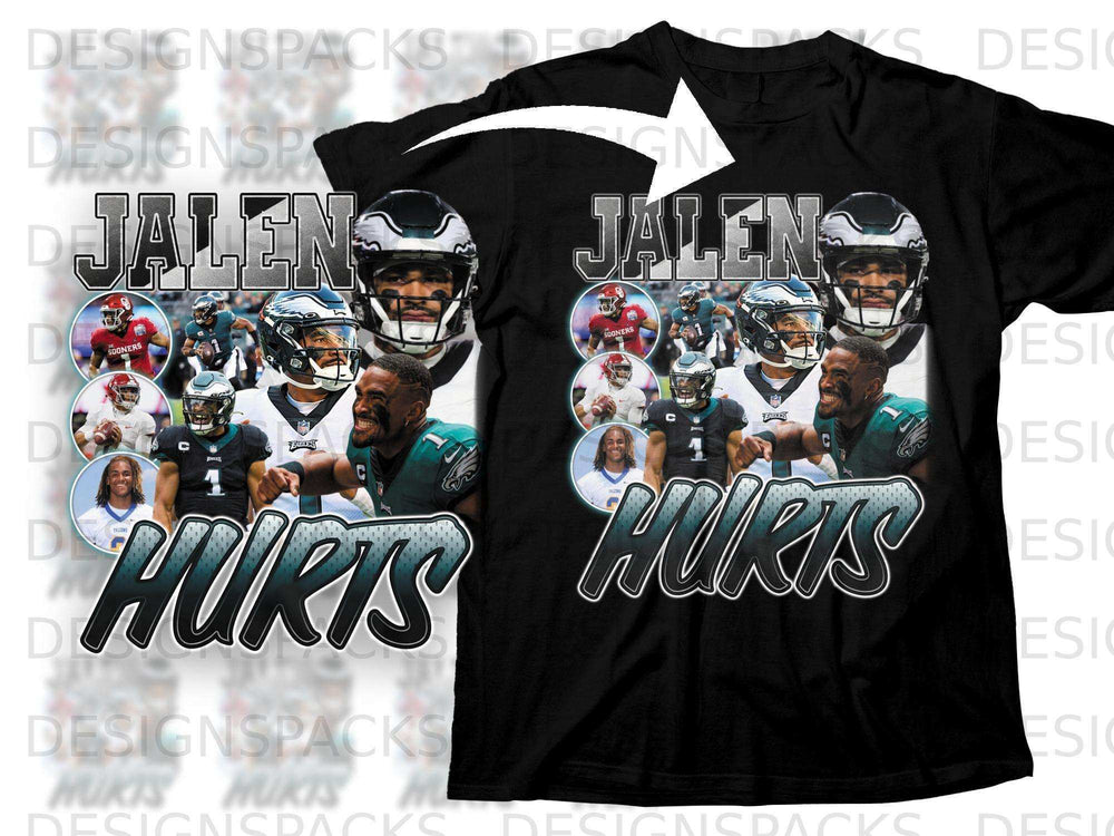 Jalen Hurts collage on a black t-shirt with "HURTS" text.