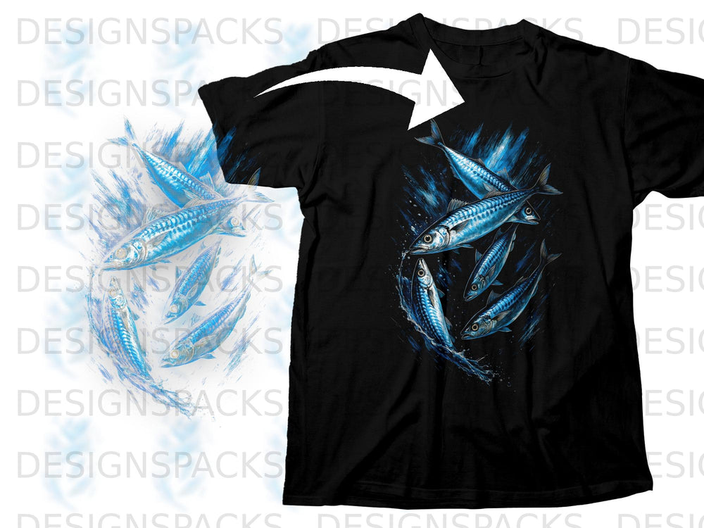 Black t-shirt with a school of mackerel swimming in blue water splash graphic.