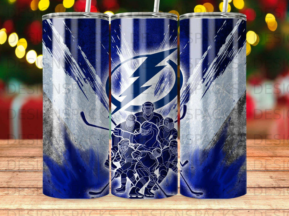Hockey team silhouette with lightning bolt logo on a blue and white striped background.