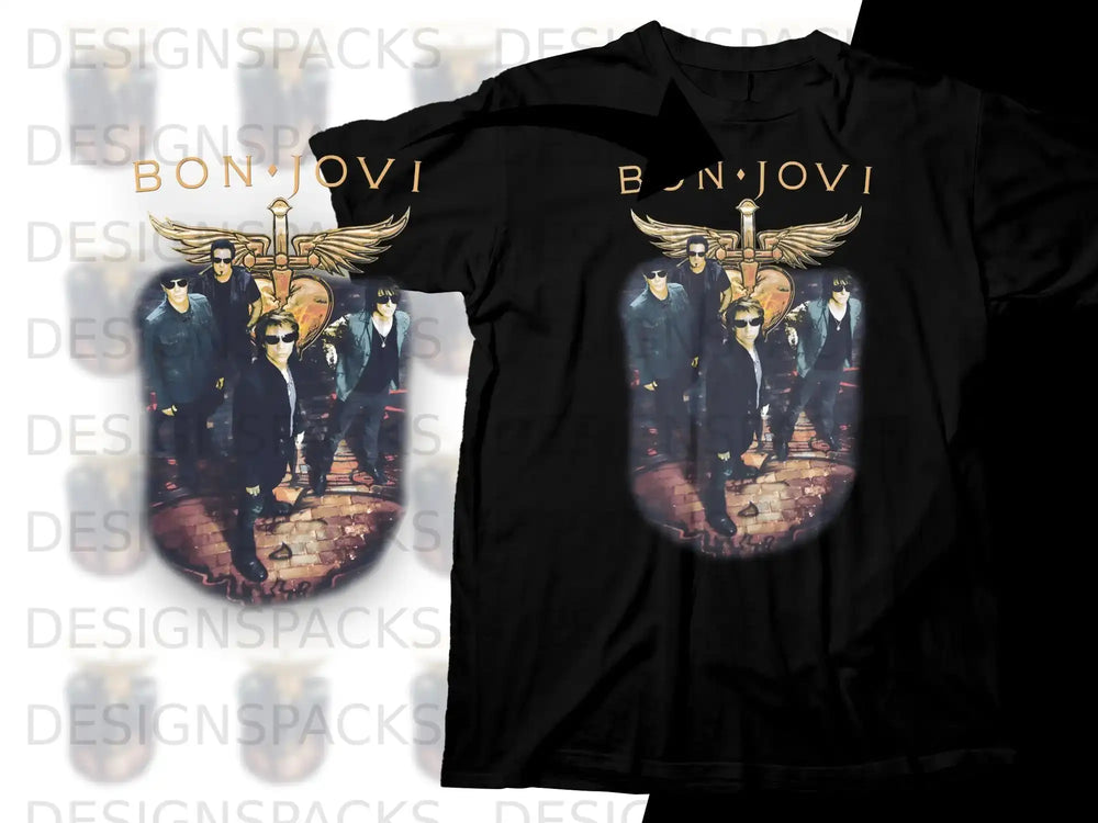 Bon Jovi band graphic on a black t-shirt.