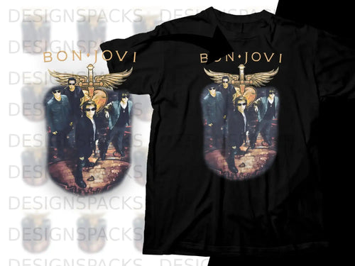 Bon Jovi band graphic on a black t-shirt.