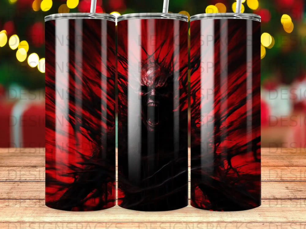 Dark, screaming demon face with red and black abstract background on a tumbler.