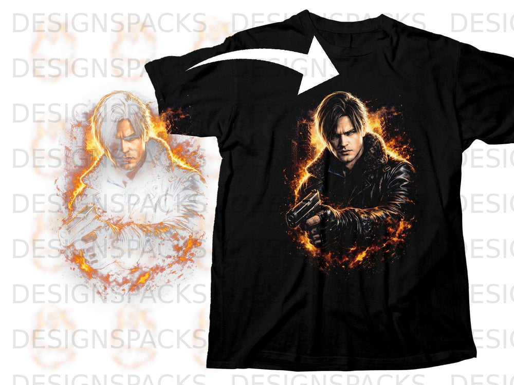 Black t-shirt featuring a character with a gun surrounded by fire.