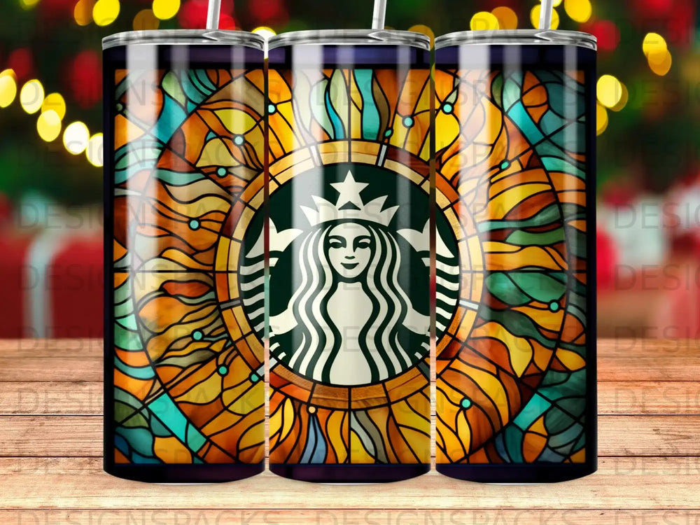 Starbucks logo on stained glass tumbler with bokeh lights.