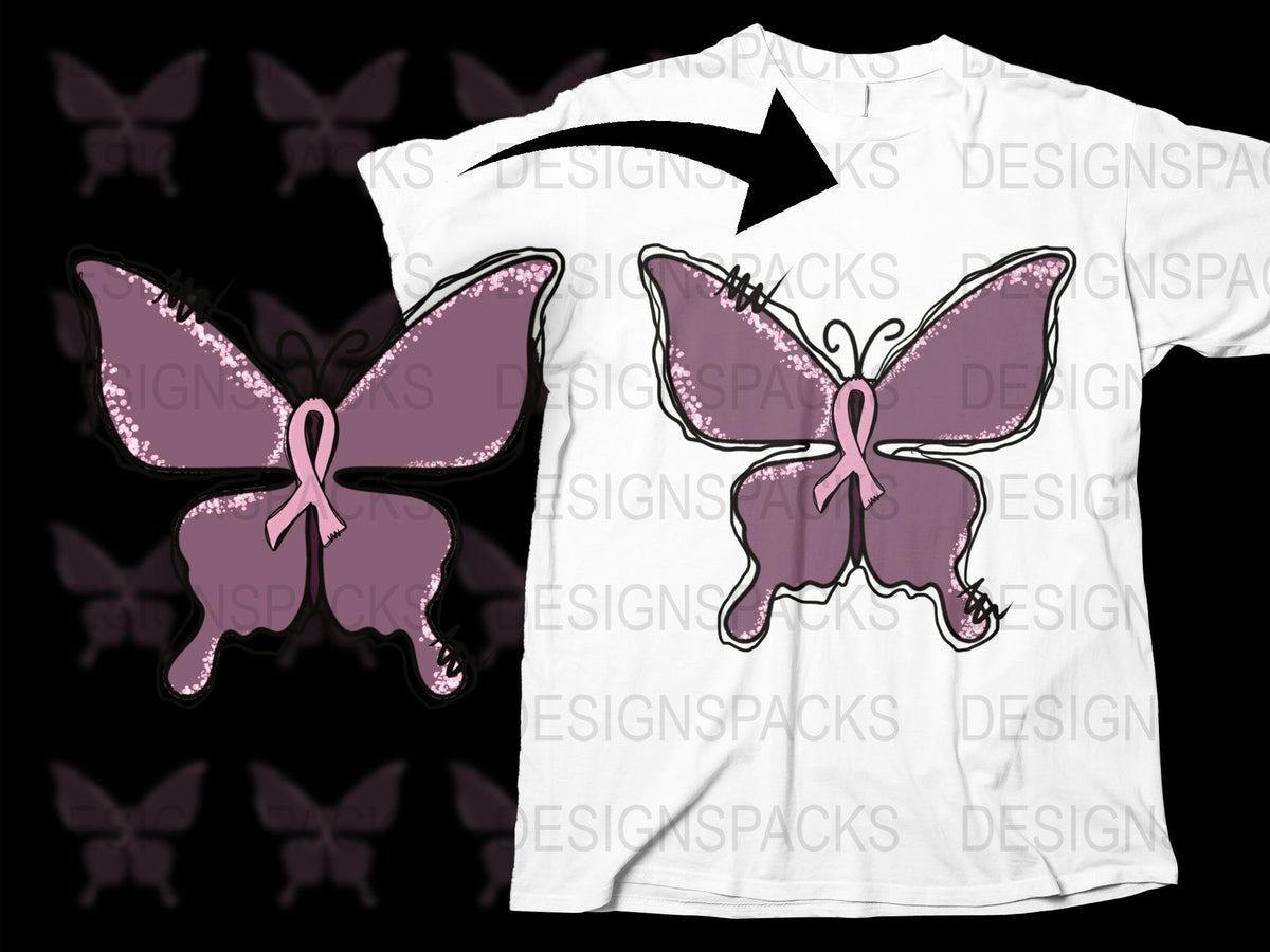 Butterfly T-Shirt with Pink Ribbon Design, Cancer Awareness, Graphic Tee, Unisex Clothing