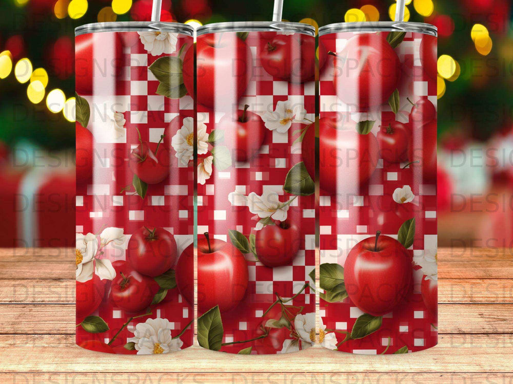 Red apples and white flowers on a red and white checkered background.