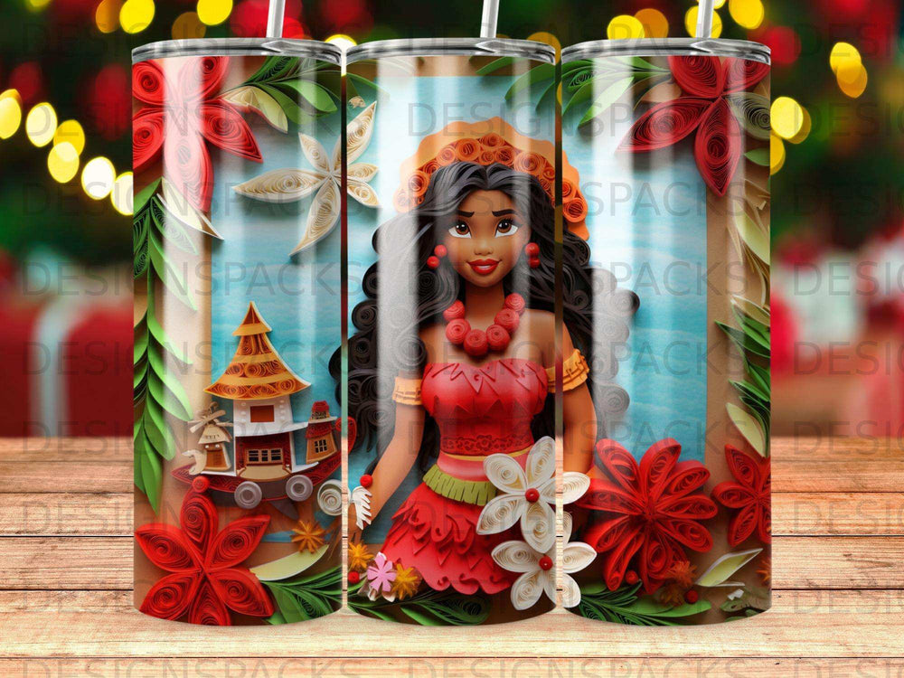 Moana character with floral decorations on a tumbler.