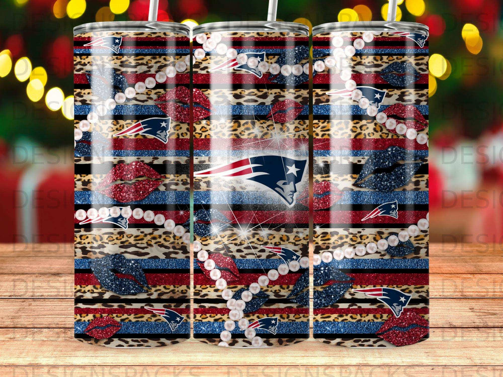 Patriots logo, lips, pearls, and leopard print on a glitter tumbler.