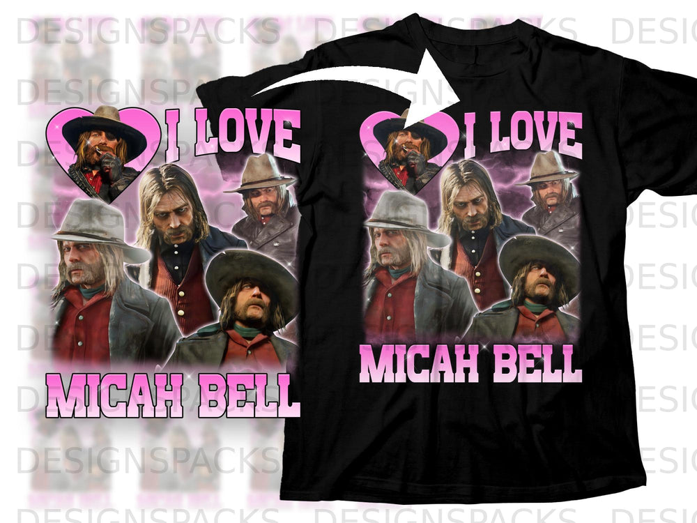 Black t-shirt with "I Love Micah Bell" graphic featuring multiple character portraits.